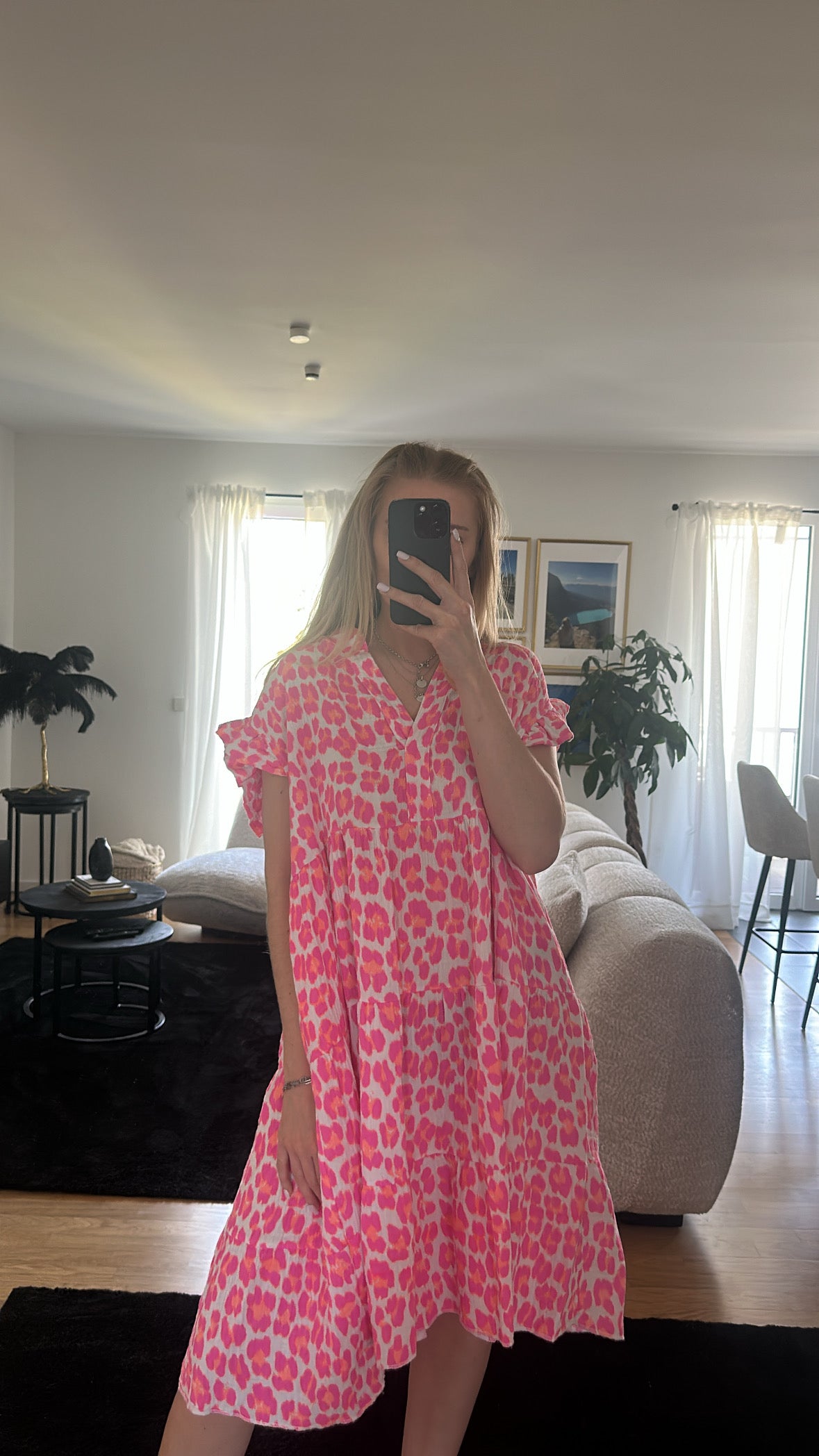 Pink/Orange/weiss Musselin Kleid "Kurz - Leo"