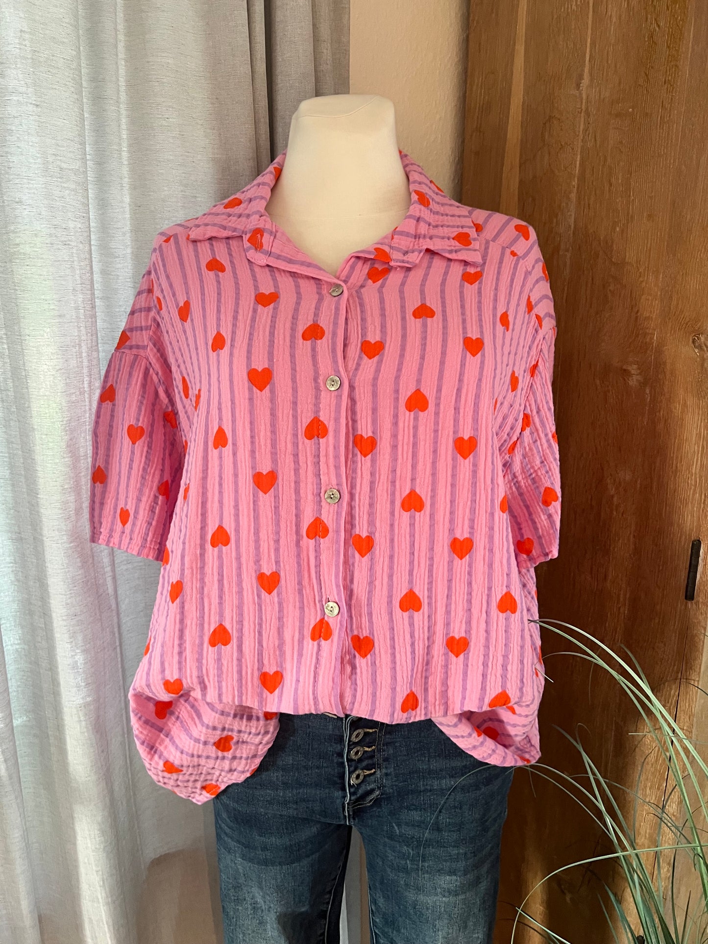 Musselin Bluse Herz rose  flieder   Kurzarm ❤️