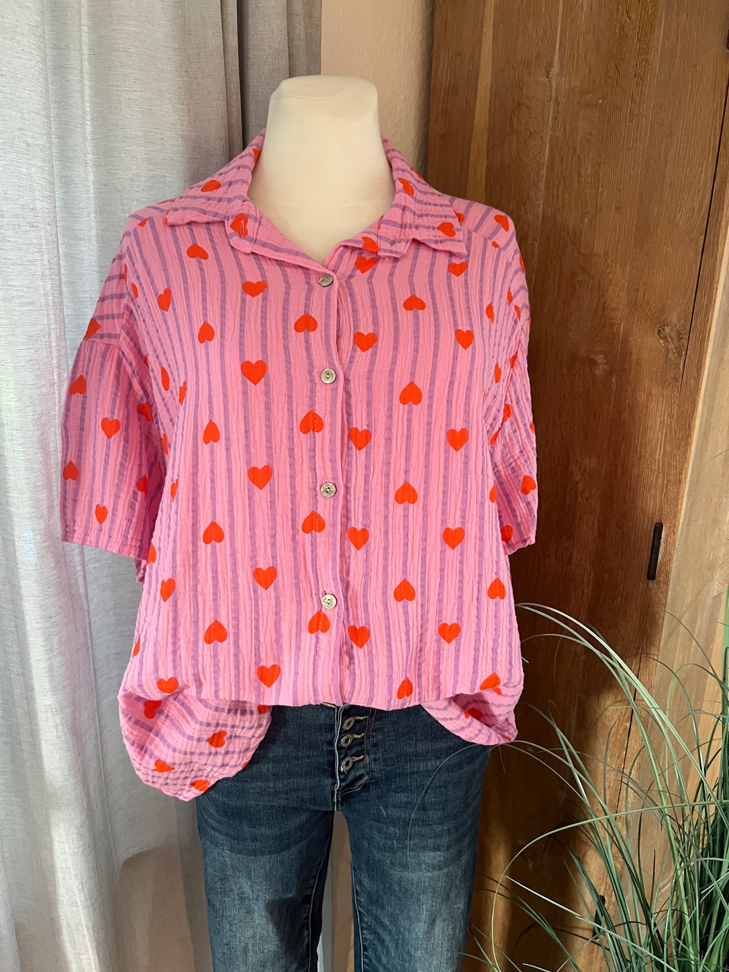 Musselin Bluse Herz rose  flieder   Kurzarm ❤️