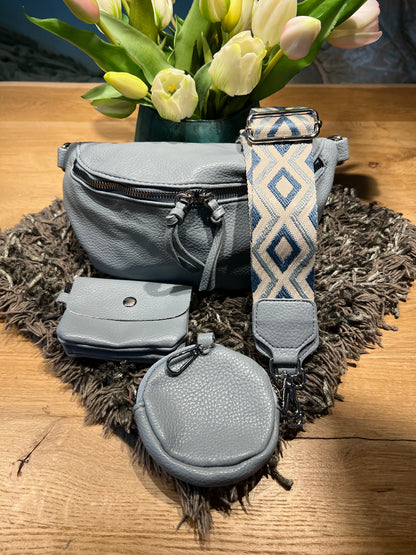Crossbody 4 teilig mit Pouchette Portmonee und Stoffgurt