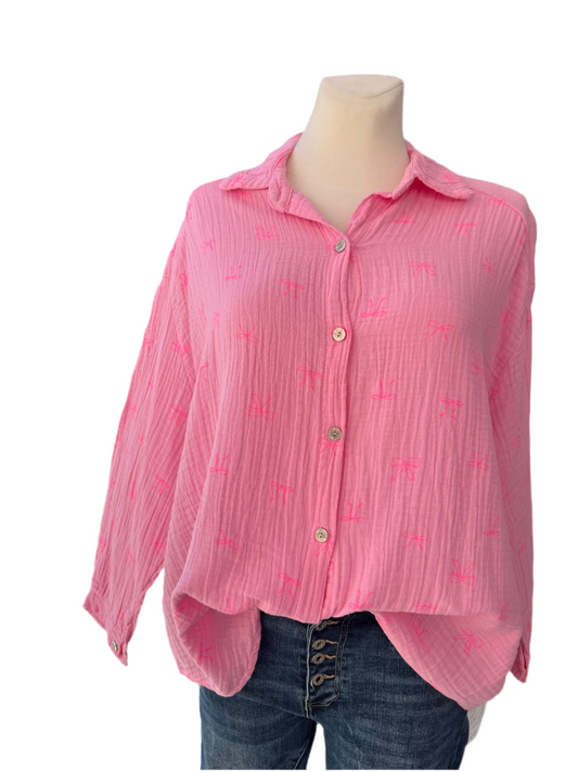 Musselin Bluse rosa pink mit Schleife langarm 🎀