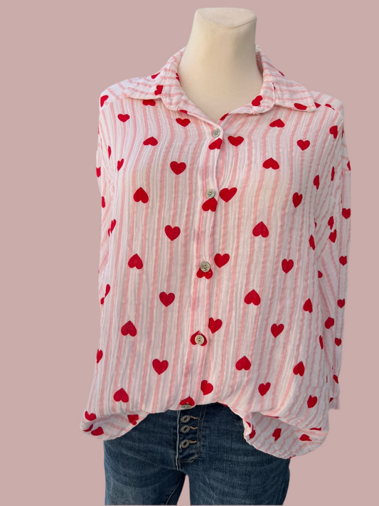 Musselin Bluse rosa weiß gestreift mit Herz ❤️