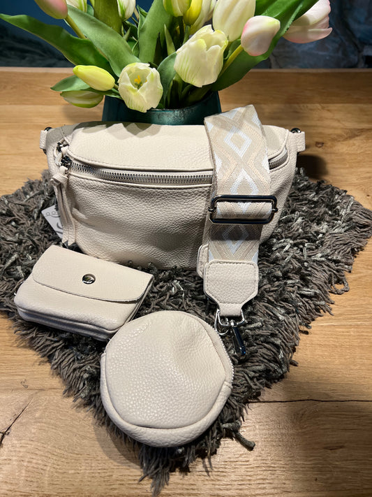 Crossbody 4 teilig mit Pouchette Portmonee und Stoffgurt