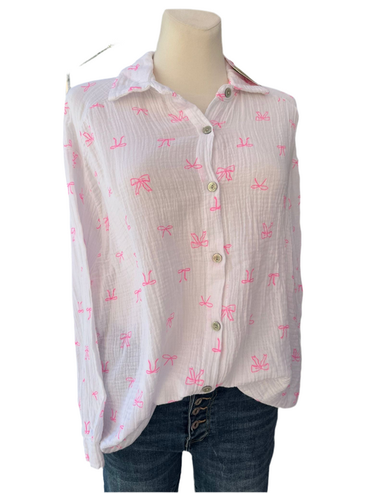 Musselin Bluse weiß rosa mit  Schleife Langarm 🎀