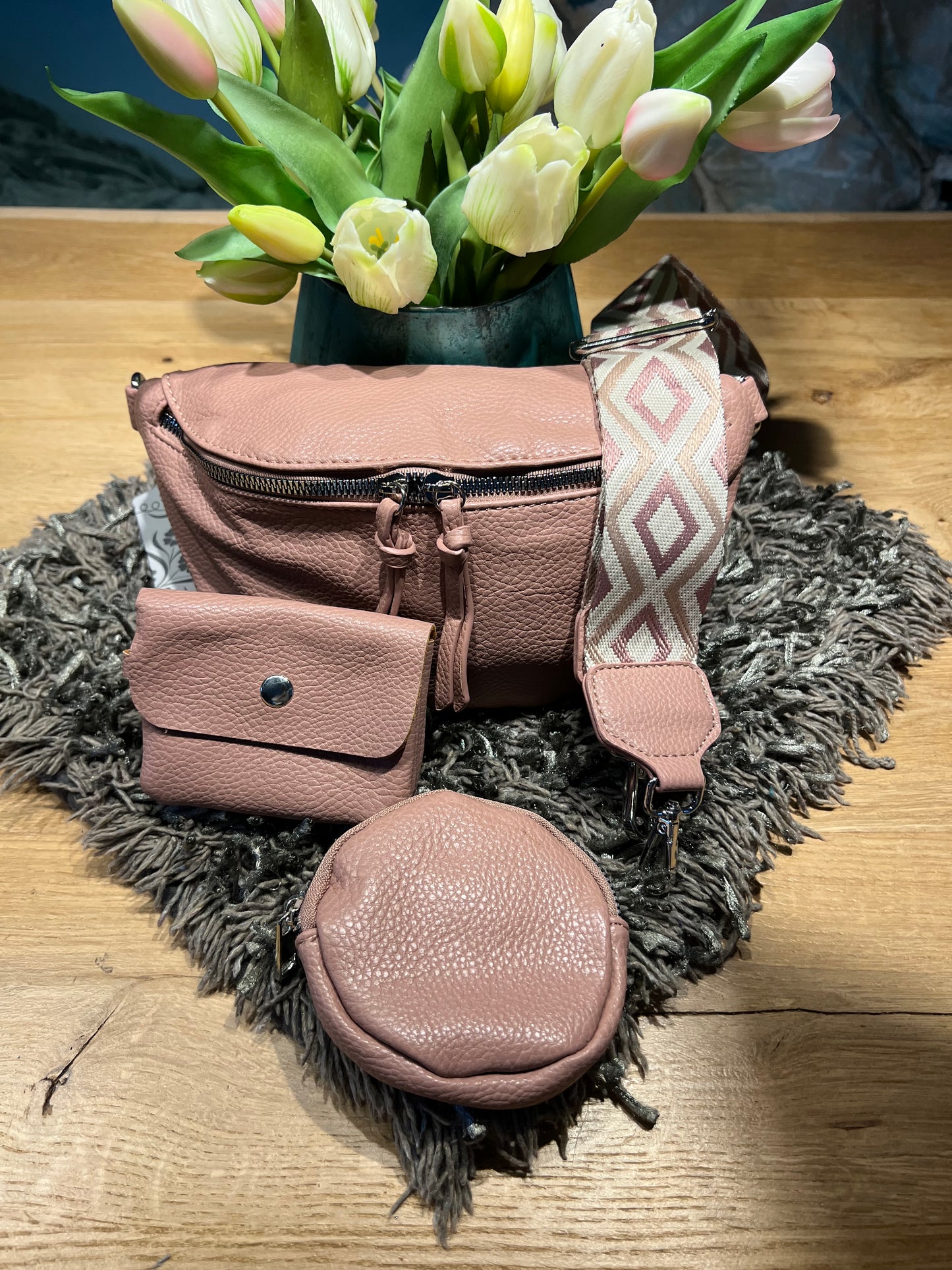 Crossbody 4 teilig mit Pouchette Portmonee und Stoffgurt