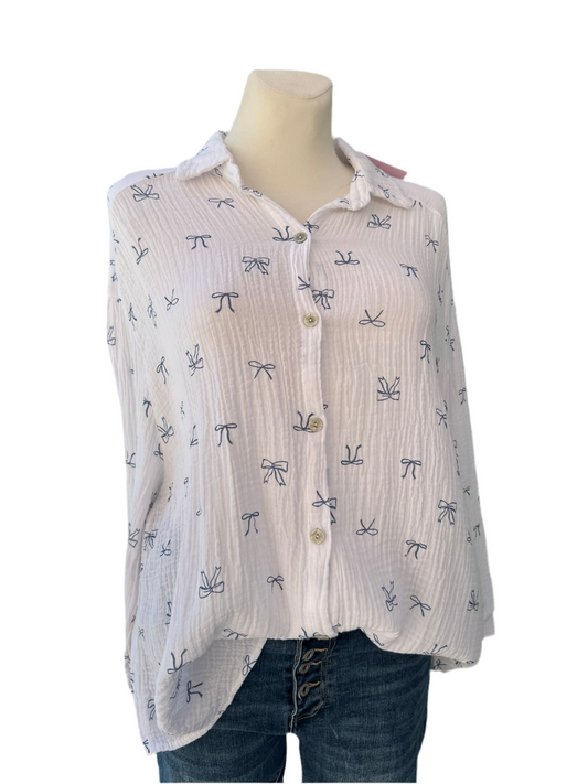 Musselin Bluse weiss blau langarm mit Schleife 🎀