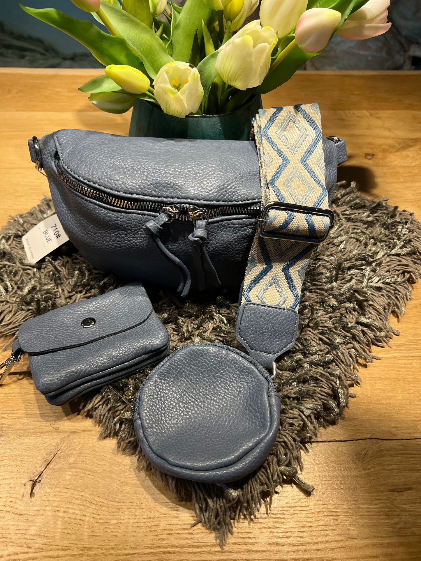 Crossbody 4 teilig mit Pouchette Portmonee und Stoffgurt